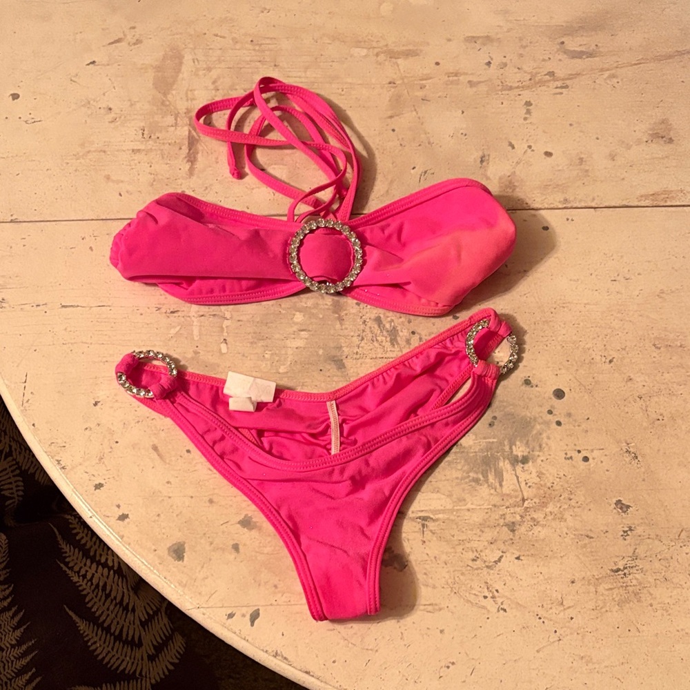 Hot Pink Rhinestone-Accent Bandeau Bikini Set - Women's Swim
